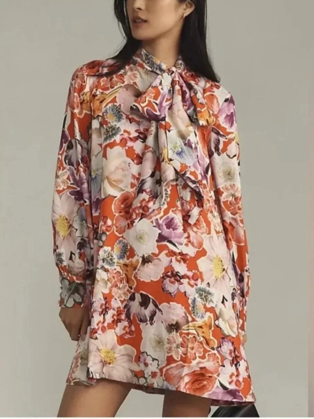 Maeve Caroline Floral Watercolor Mini Dress Tie Neckline Long Sleeve Size L NWOT